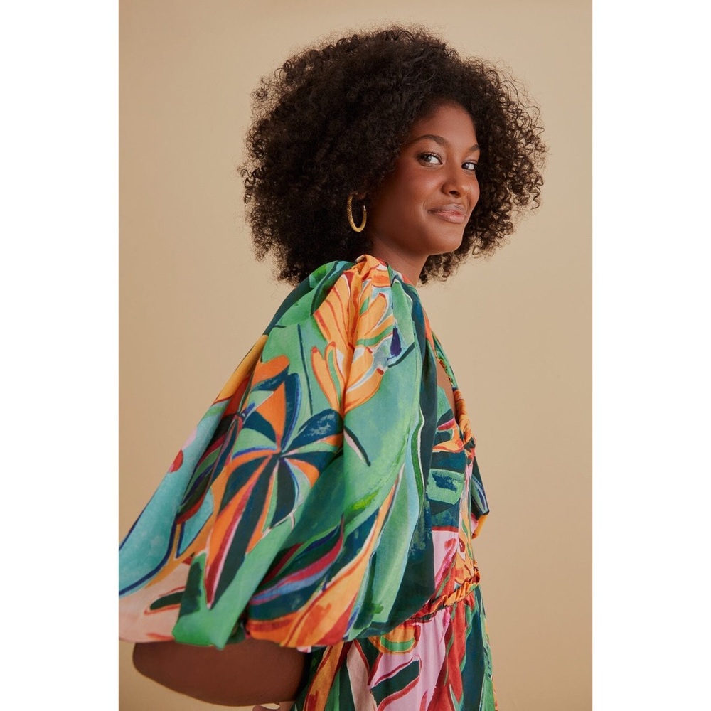 FARM Rio Banana Foliage Puff-Sleeve Midi Dress - Picture 11 of 11